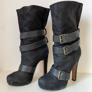 Aldo Black Suede Leather Calf High Boots with 5 Inch Heel - Size 7.5